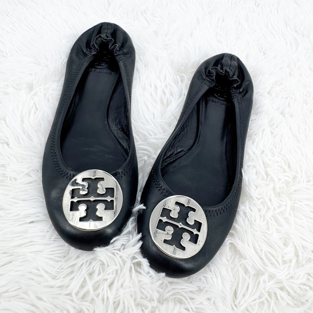 Tory Burch Reva Black Leather Silver Logo Medallion Ballet Flats 8